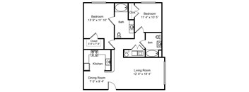 A black and white image of a floor plan for a home with a living room, dining room, kitchen, and two bedrooms.