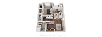 A 3D floor plan of a small apartment with a kitchen, living room, and bedroom.