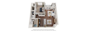 A 3D floor plan of a small apartment with a kitchen, living room, and bedroom.