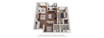 A 3D floor plan of a house with a kitchen, living room, and bathroom.