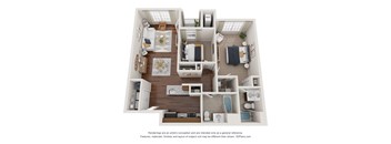 A 3D floor plan of a house with a kitchen, living room, dining room, and bathrooms.