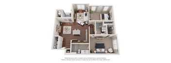 A 3D floor plan of a house with a kitchen, living room, and bedrooms.