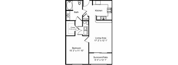 A floor plan of a small apartment with a living area, bedroom, bathroom, kitchen, and closet.