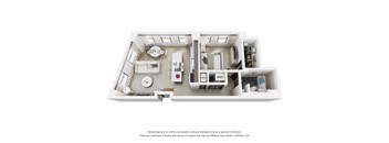 A 3D floor plan of a small apartment with a kitchen, living room, and bathroom.