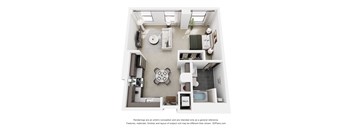 A 3D floor plan of a small apartment with a kitchen, living room, and bathroom.