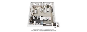 A 3D floor plan of a small apartment with a kitchen, living room, and bathroom.