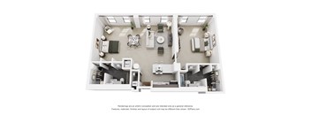 A 3D floor plan of a house with a kitchen, living room, dining room, and bathrooms.
