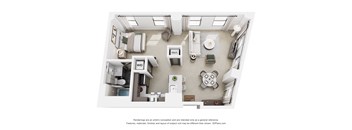 A 3D floor plan of a small apartment with a kitchen, living room, and bathroom.