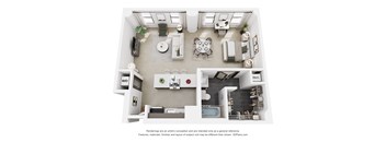 A 3D floor plan of a small apartment with a kitchen, living room, and bathroom.