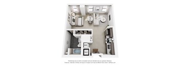 A 3D floor plan of a small apartment with a kitchen, living room, and bathroom.