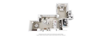 A 3D floor plan of a small apartment with a kitchen, living room, and bathroom.