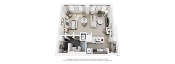 A 3D floor plan of a small apartment with a kitchen, living room, and bathroom.