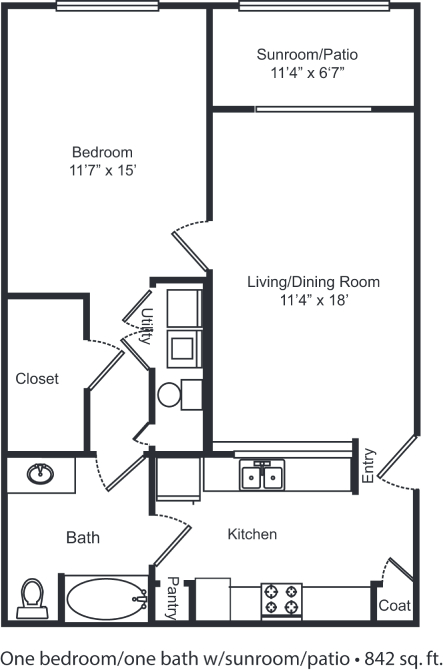 A floor plan of a one bedroom/bath with sunroom/patio.