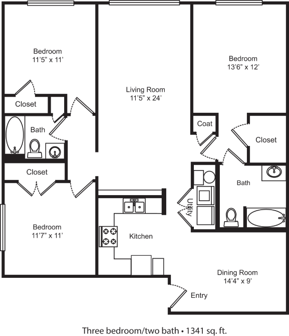 A black and white image of a three bedroom, two bathroom floor plan.