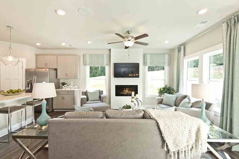 A modern living room with a grey couch and a fireplace.