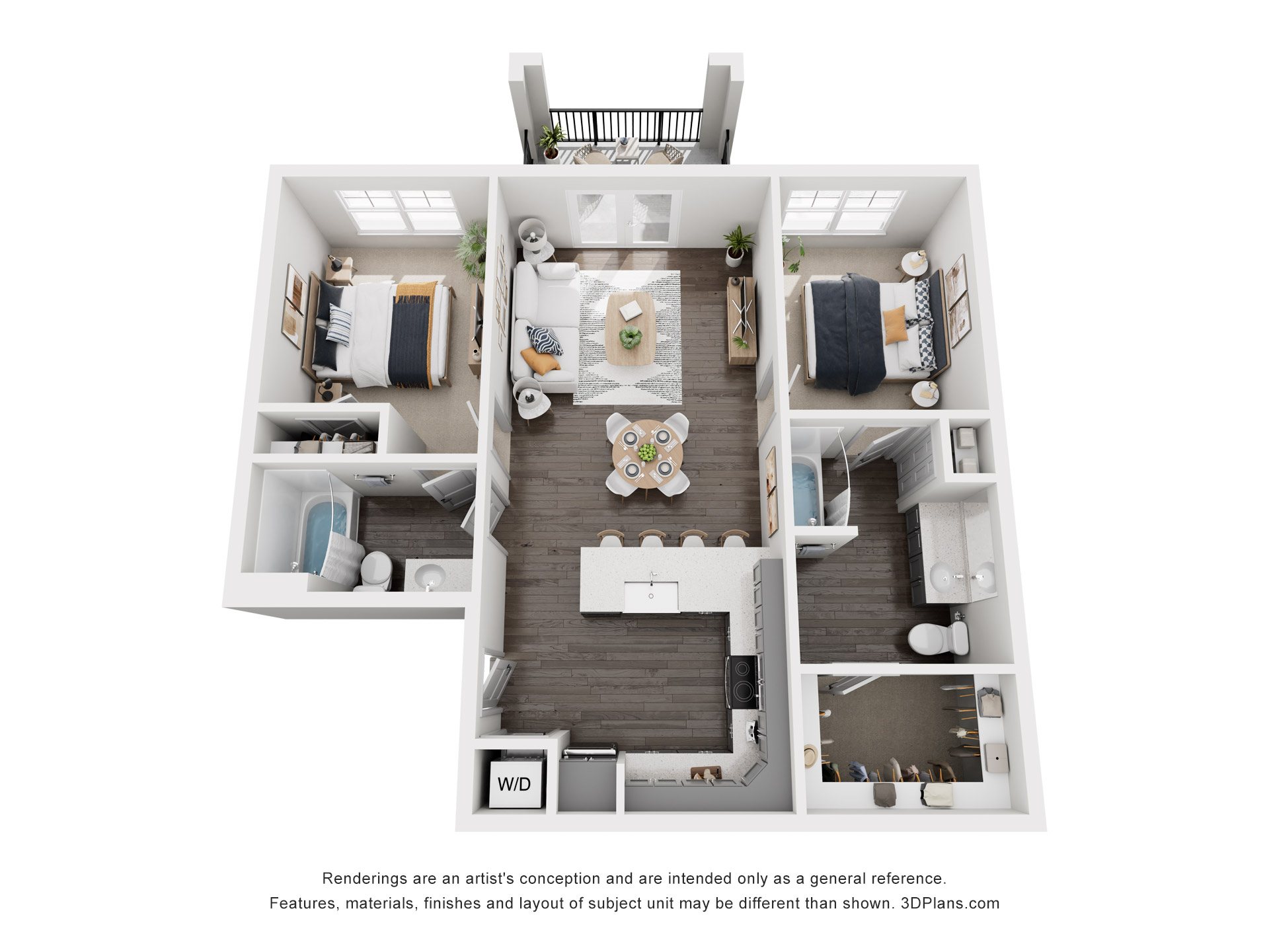 A 3D floor plan of a house with a living room, dining room, kitchen, and two bedrooms.