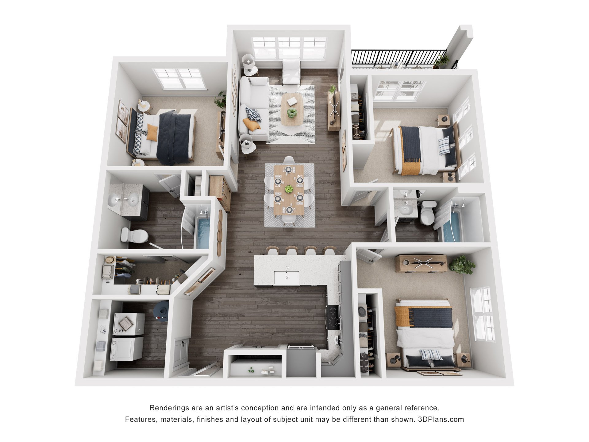 A 3D floor plan of a house with a kitchen, living room, and two bedrooms.