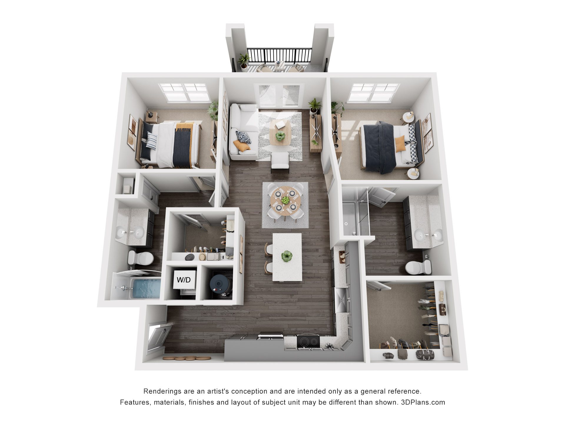 A 3D floor plan of a house with a kitchen, living room, dining room, and bathroom.