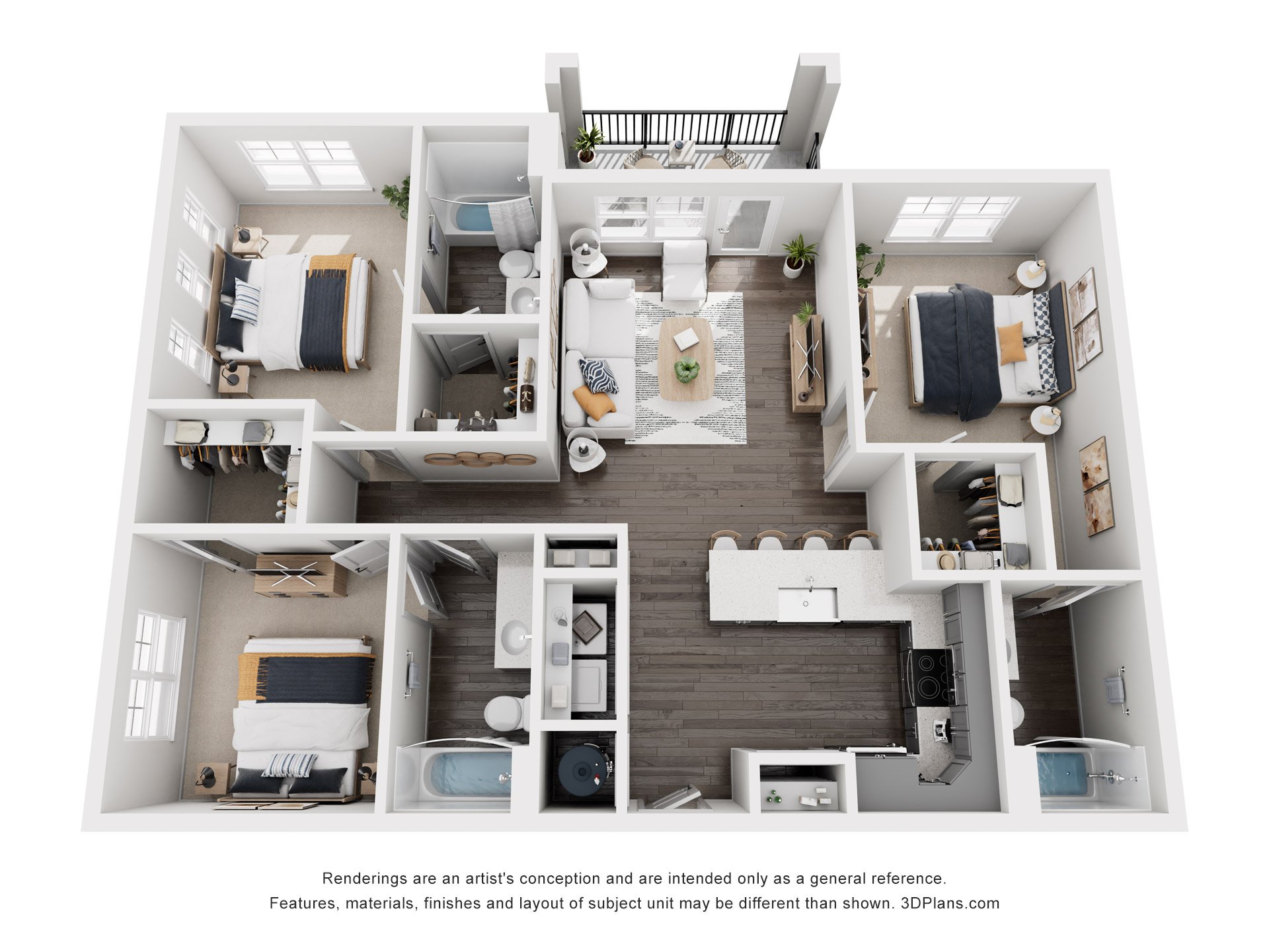 A 3D floor plan of a house with multiple rooms.