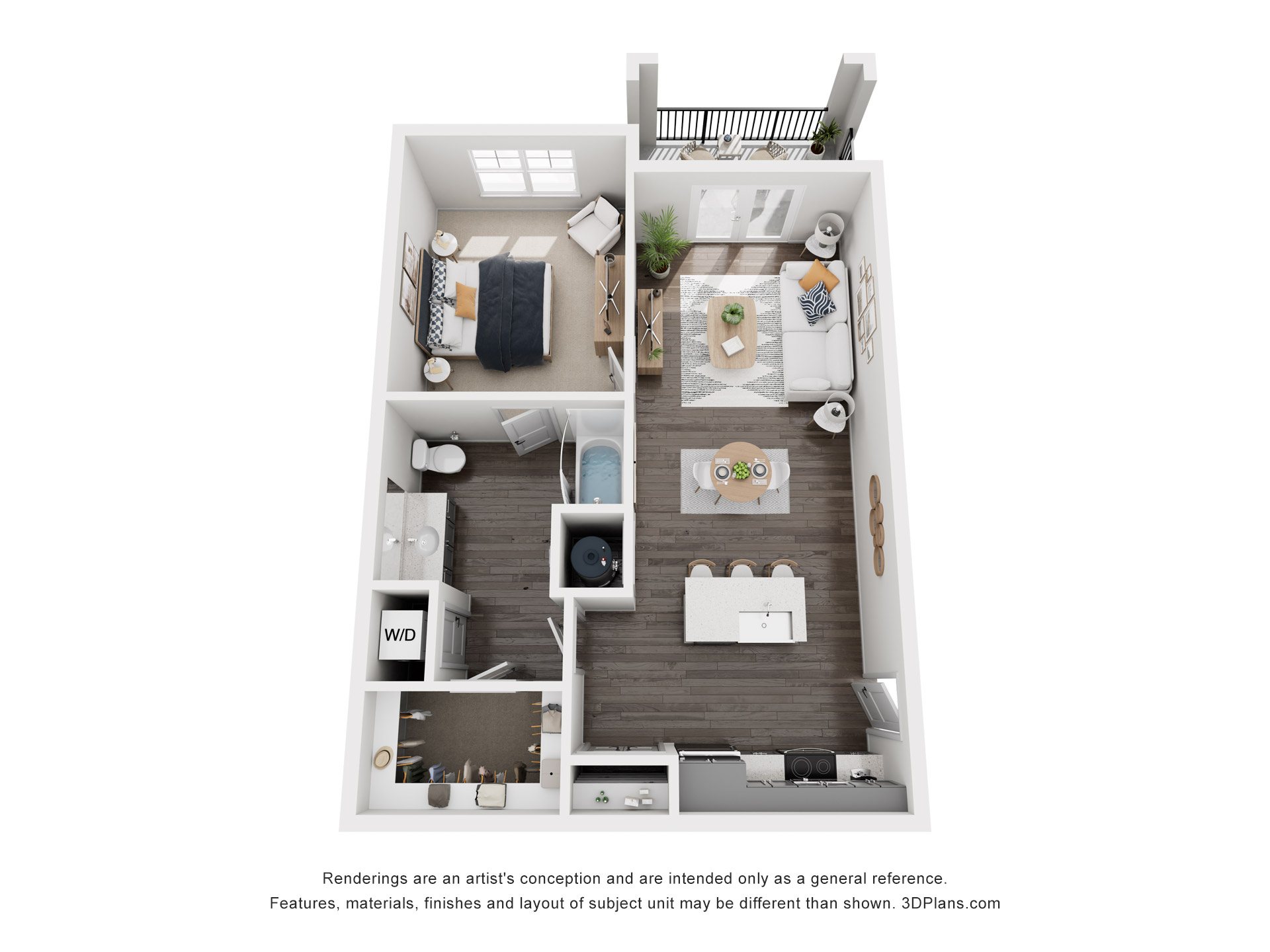 A 3D floor plan of a small apartment with a kitchen, living room, and bedroom.