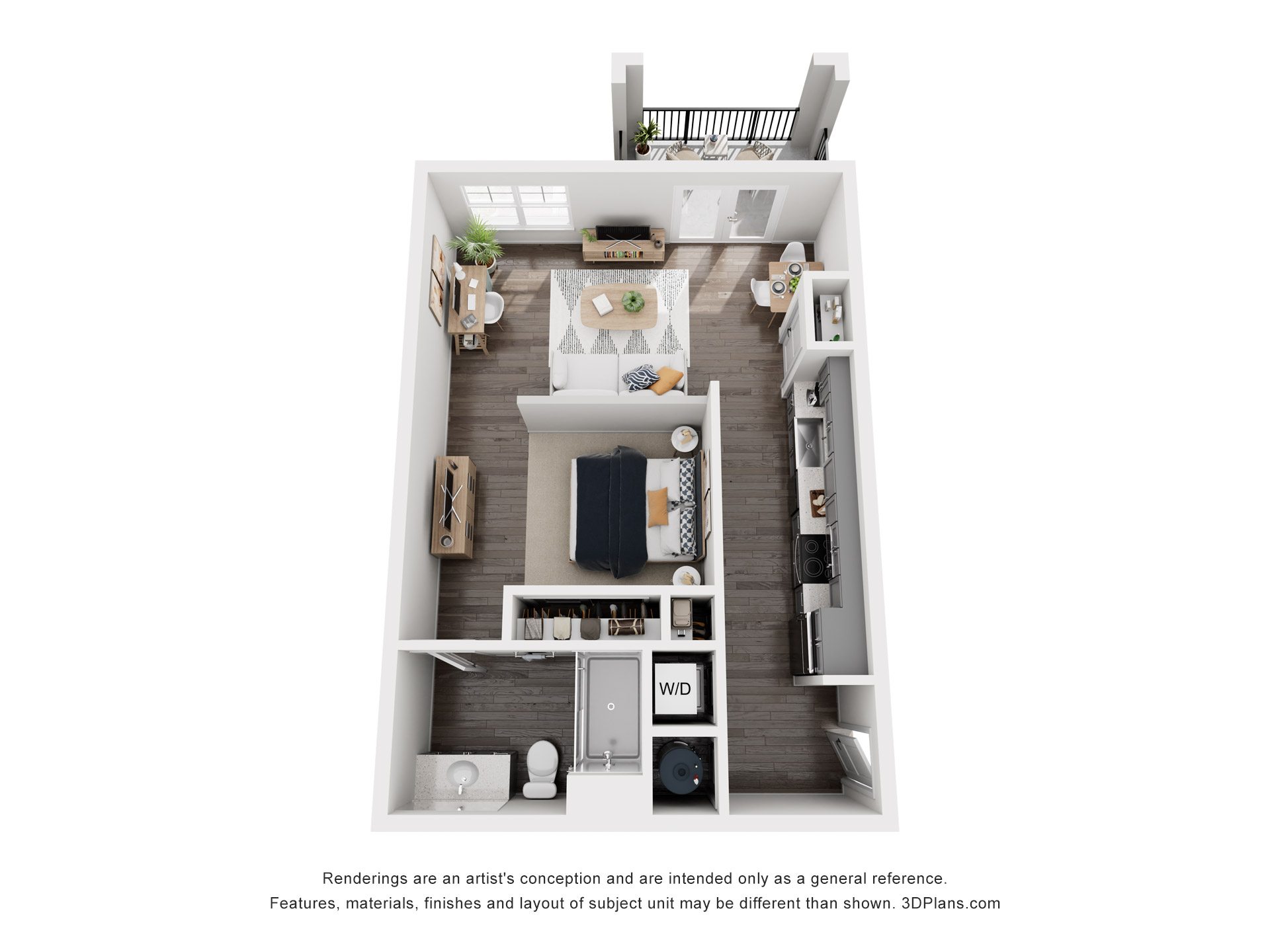 A 3D floor plan of a small apartment with a kitchen, living room, and bathroom.