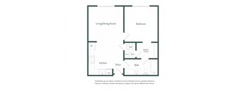 A floor plan of a small apartment with a living room, dining room, kitchen, bathroom, and bedroom.