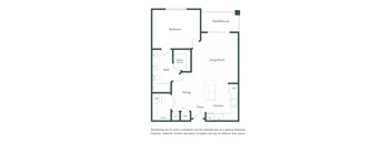 A floor plan of a house with a living room, dining room, kitchen, bathroom, bedroom and a patio/balcony.