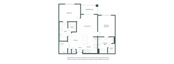 A floor plan of a house with a living room, dining room, kitchen, two bathrooms, and three bedrooms.