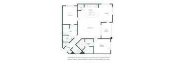 A floor plan of a house with a living room, dining room, kitchen, and several bedrooms.
