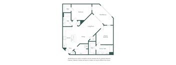 A floor plan of a house with a living room, dining room, kitchen, two bathrooms, and two bedrooms.