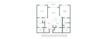 A floor plan of a house with a living room, dining room, kitchen, two bathrooms, two bedrooms, and a patio/balcony.