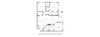 A floor plan of a house with a living room, dining room, kitchen, two bathrooms, and four bedrooms.