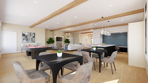 A modern dining room with a black table and chairs.