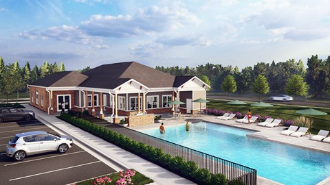 A pool area with a building and a car parked in front.