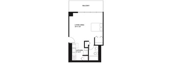 A black and white image of a floor plan for a balcony with a living area and kitchen.