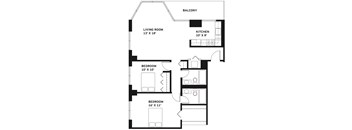 A black and white image of a house floor plan with a balcony, living room, kitchen, and three bedrooms.