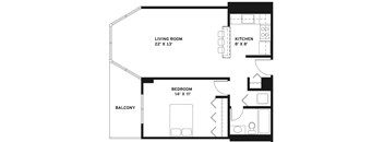A black and white image of a floor plan for a small apartment.