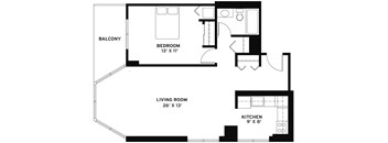 A black and white image of a floor plan for a small apartment.