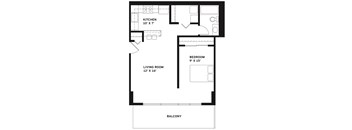 A black and white image of a floor plan for a small apartment.