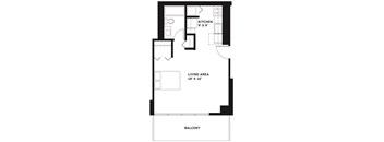 A black and white floor plan of a house with a living area, kitchen, and balcony.