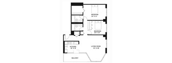 A black and white image of a floor plan for a small apartment.
