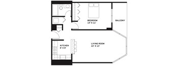 A black and white image of a floor plan for a home with a bedroom, living room, and kitchen.
