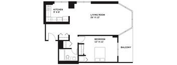 A black and white image of a floor plan for a home with a kitchen, living room, bedroom, and balcony.