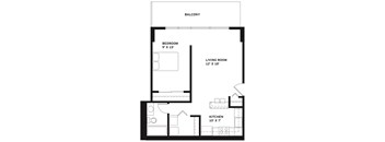 A black and white image of a floor plan for a small apartment.