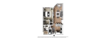 A floor plan of a small apartment with a kitchen, living room, and bathroom.
