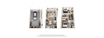 Three images of a house interior with a car in the driveway.