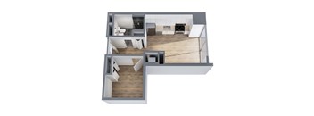 A 3D floor plan of a house with two bedrooms, a living room, a kitchen, and a bathroom.