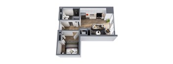 A 3D floor plan of a modern apartment with a kitchen, living room, and bedrooms.