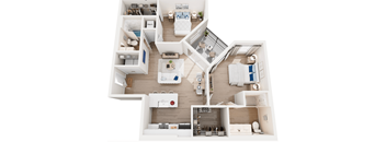 A top-down view of a modern apartment layout with a kitchen, living room, and bathroom.