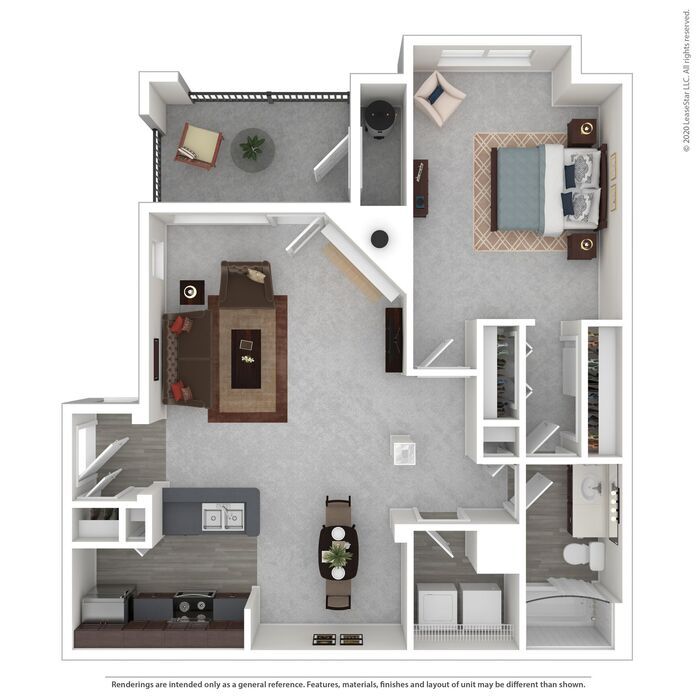 A 3D floor plan of a small apartment with a kitchen, living room, and bedroom.